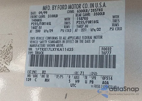 2000 Ford F-150 Lariat/Work Series/Xl/Xlt из США, поврежденный, VIN 1FTRX17LXYKA11435